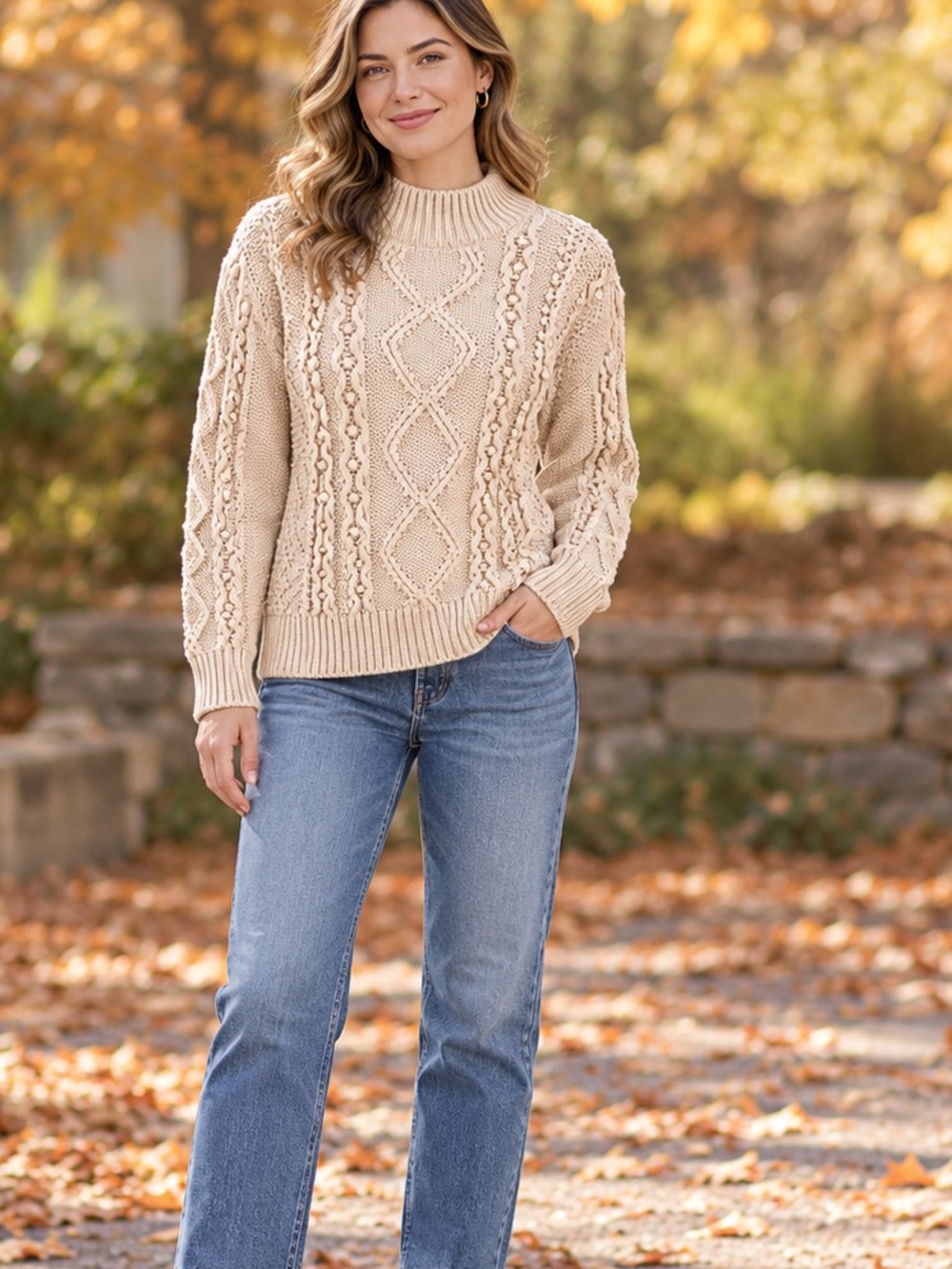 Cable Knit Pearl Sequin Bling Grandmacore Mockneck Sweater Sz S Beige Classic
